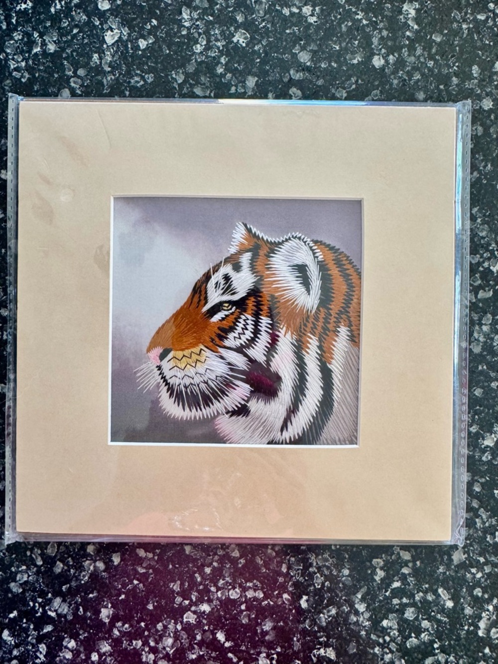 Traditional Handcrafted Silk Embroidered Tiger Art in mat frame